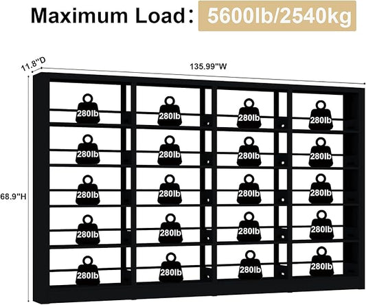5-Tier Black Bookshelf, Metal with Adjustable Storage Shelves, Freestanding Bookcases and Bookshelves, Wide Bookshelf for Home Office, Living Room, Including Book Stopper