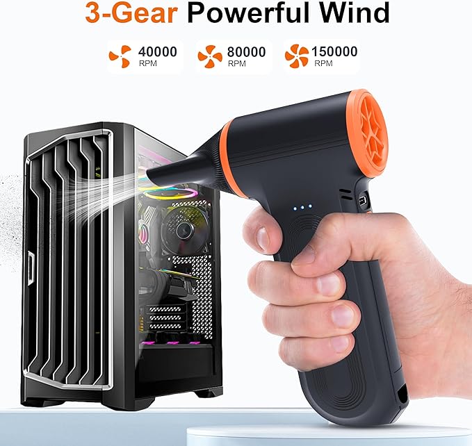 X117 Compressed Air Duster-150000RPM Super Power Snow Blower, 3-Gear Adjustable Mini Blower with Fast Charging, Electric Air Duster for Leaves,Snow,Computer, Keyboard, House, Outdoor,and Car