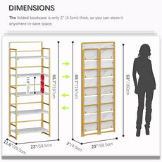 4NM No Assembly 5 Tiers Folding Bookshelf Storage Shelves Vintage Bookcase Standing Racks Study Organizer Home Office (White Gold)