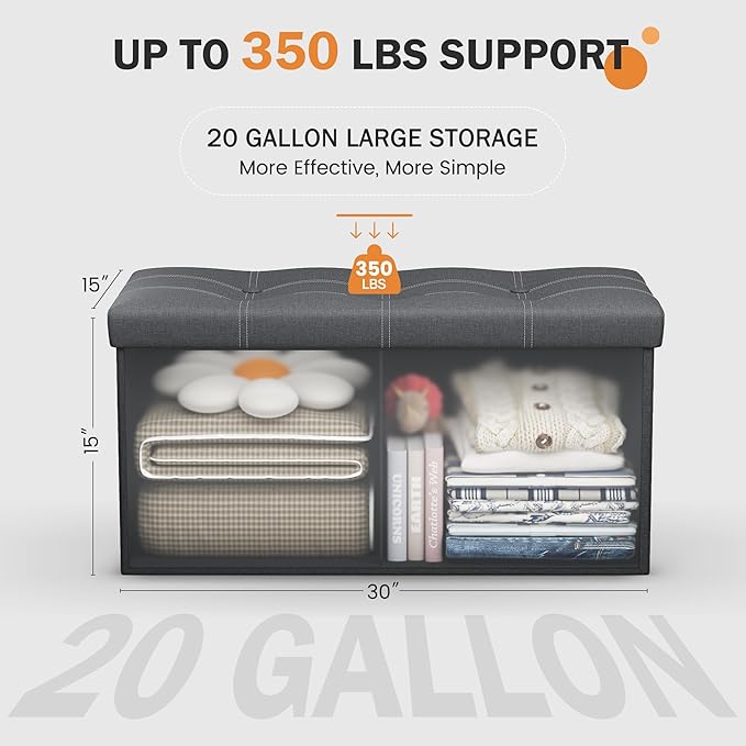 Youdesure Folding Storage Ottoman Bench, Footrest Couch for Living Room, 30 inch Storage Bench with Padded Seat for Bedroom Hallway, Holds up to 350lbs, Linen Fabric Grey