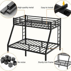 Twin XL Over Queen Bunk Bed, Metal Bunk Bed Frame Heavy Duty Bunk Beds Loft Bed Frame with Ladder and Guardrail Metal Slats No Box Spring Required for Adults Teens, Black