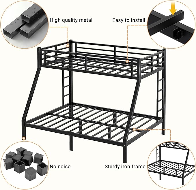 Twin XL Over Queen Bunk Bed, Metal Bunk Bed Frame Heavy Duty Bunk Beds Loft Bed Frame with Ladder and Guardrail Metal Slats No Box Spring Required for Adults Teens, Black