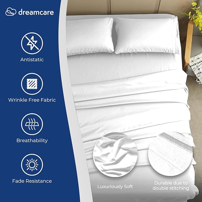 DREAMCARE Full Size Sheets - Cooling Bed Sheets - 4pcs Set - up to 15" Deep Pocket Full Sheet Set - Sheets Full Size Bed - Soft & Long Lasting 100% Fine Brushed Polyester with Side Pocket - White DREAMCARE