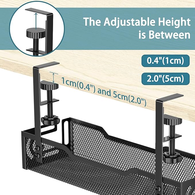 2Pack Under Desk Cable Management Tray, No Drill Mesh Desk Cable Tray, Wire Management Tray Cable Management Rack, Wire Organizer and Cable Management Box (Black)