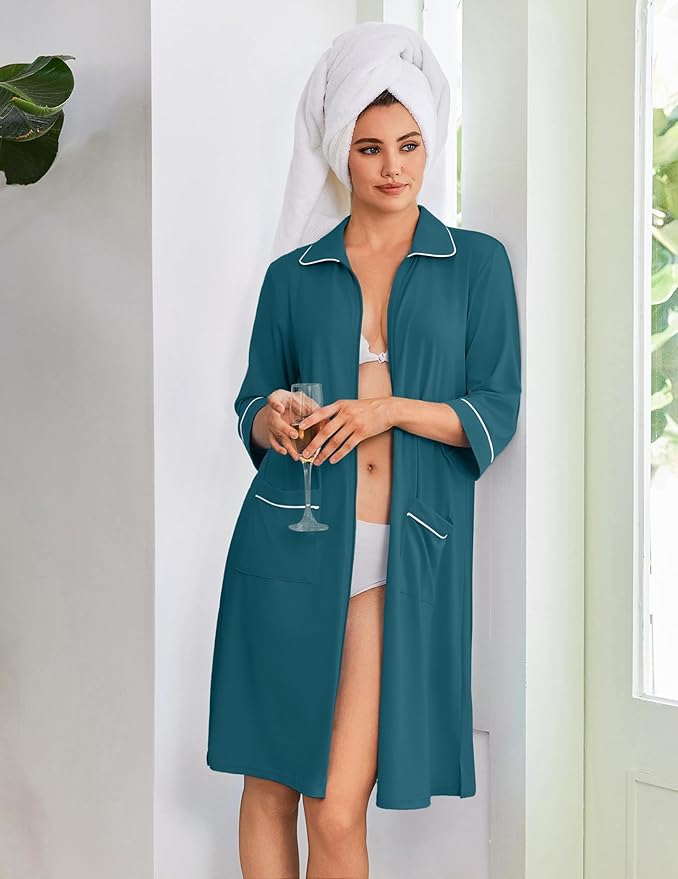 Ekouaer Zipper Robes for Women 3/4 Sleeve Housecoats Knee Length Bathrobe Lightweight Nightgown with Pockets S-3XL