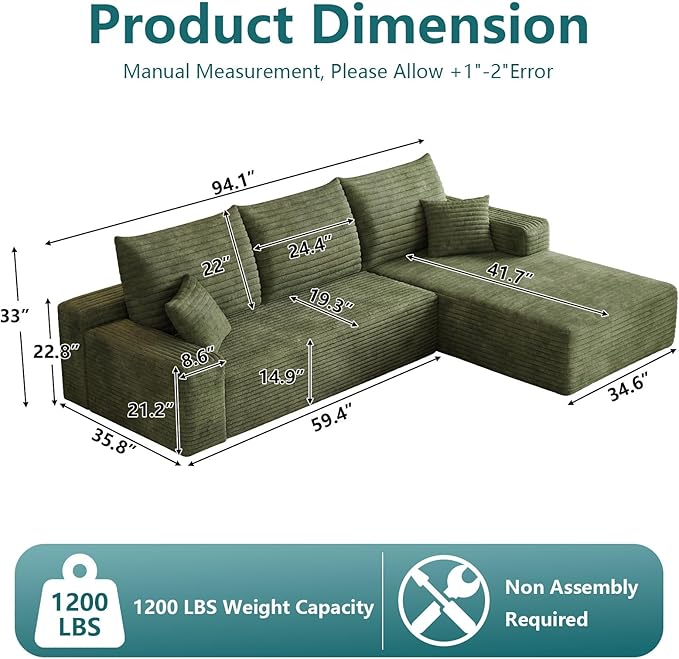 95" Modular Sectional Couch, Boneless L Shaped Cloud Sofa with Chaise Lounge, Corduroy Upholstered Couches Memory Foam Deep Seat, No Assembly Required, Ideal for Living Room(Green, Right Facing)