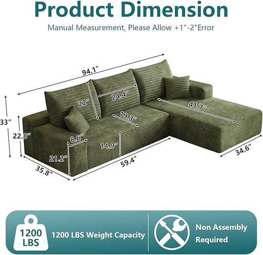 95" Modular Sectional Couch, Boneless L Shaped Cloud Sofa with Chaise Lounge, Corduroy Upholstered Couches Memory Foam Deep Seat, No Assembly Required, Ideal for Living Room(Green, Right Facing)