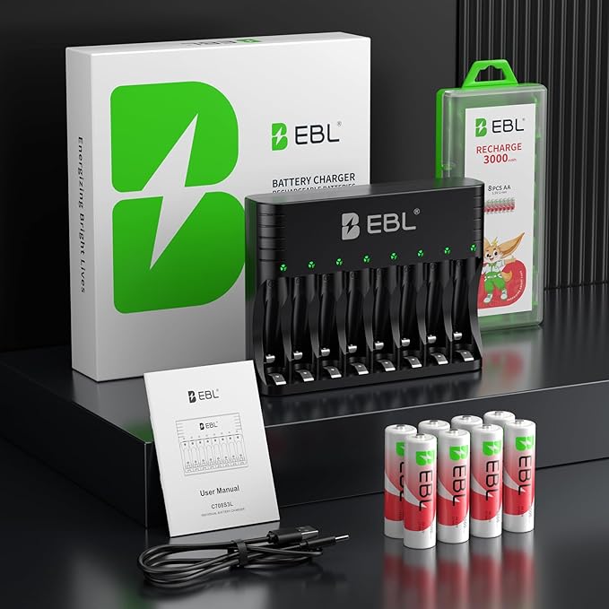 EBL Rechargeable AA Batteries Lithium with Charger, 8 Pack 3000mwh 1.5V Constant Voltage Rechargeable Lithium AA Batteries, 1600 Cycles Long Lasting Double A Battery for Blink Outdoor Camera