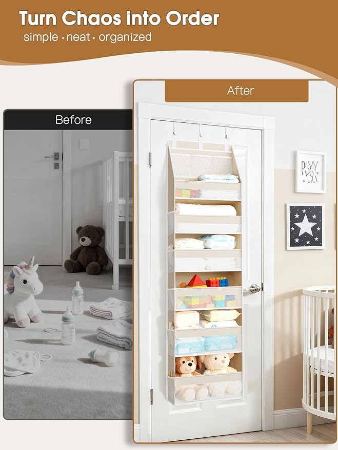 Criusia Over the Door Organizer, 6-Shelf Closet Hanging Storage with 13 Mesh Pockets, 55lbs Capacity Behind the Door Storage for Baby Nursery, Bathroom, Bedroom, and Dorm, Beige
