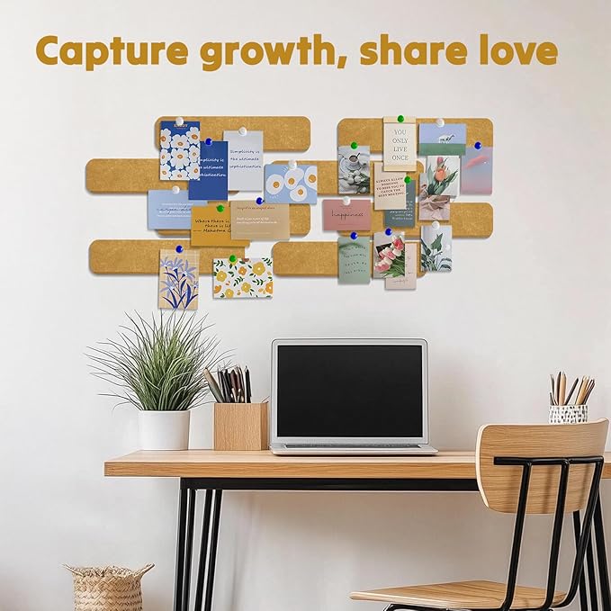 8Pcs Bulletin Board Strips, Felt Pin Board Strips with 50 Pushpins, Self Adhesive Cork Strips for Office Classroom Wall Decor,Bulletin Board Bar for Paste Photos, Notes, Schedules (Yellow)