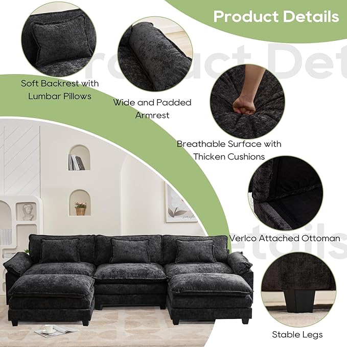 120" Modular Sectional Sofa, Comfy Cloud Couch Sectional Sofa with Ottoman, Chenille Sofa Sleeper Deep Seat Sofa with Throw Pillows for Living Room (Black, 120"- U Shape)