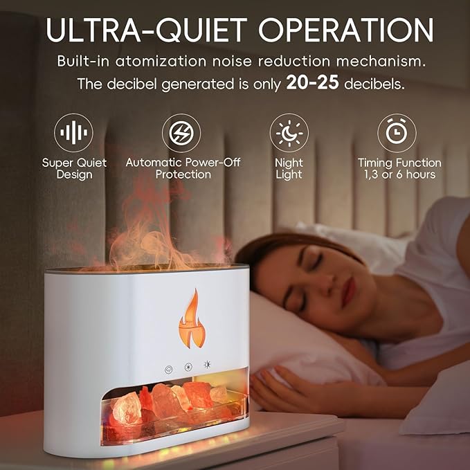 Essential Oil Diffuser, Fireplace Fire Flame Aromatherapy Diffuser, 250ml Himalayan Salt Lamp Scent Diffuser, Cool Mist Humidifier with 7 Colors Light, Timer & Auto-Off for Home, Room (White)