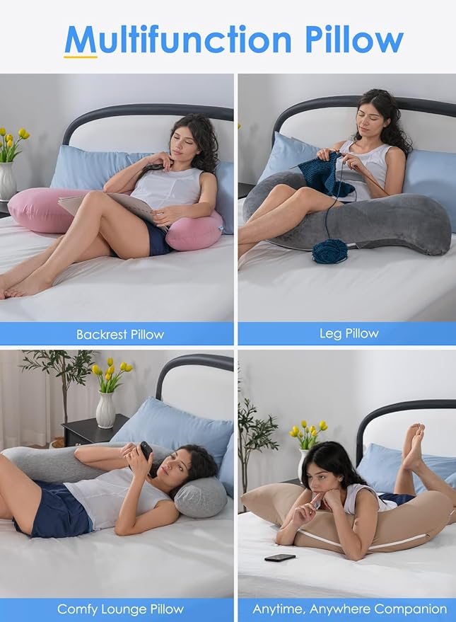 QUEEN ROSE Body Pillow, Full Body Support Pillow for Side Sleepers, Cooling Soft S Shaped Hug Pillow for Adults, Grey