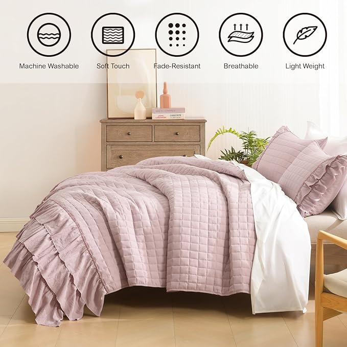 HORIMOTE HOME Dusty Pink Ruffled Quilt Set King Size, Classic Geometric Square Stitched Pattern, Pre-Washed Farmhouse Shabby Chic Microfiber Lightweight Bedding Set Bedspread Coverlet for All Season