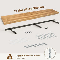 Live Edge Elm Floating Shelves for Wall Decor, Rustic Solid Wood Shevles Wall Mounted with Invisible Bracket for Living Room Bathroom Bedroom Kitchen, 55 Inch Set of 1, Natural
