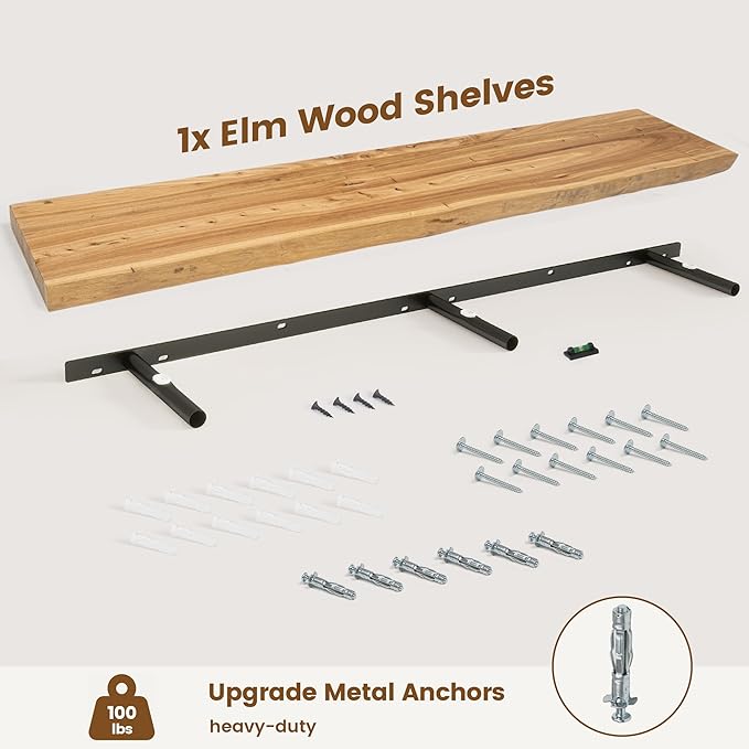 Live Edge Elm Floating Shelves for Wall Decor, Rustic Solid Wood Shevles Wall Mounted with Invisible Bracket for Living Room Bathroom Bedroom Kitchen, 55 Inch Set of 1, Natural