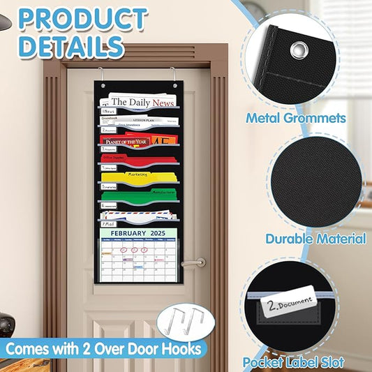 8 Pockets Hanging Wall File Organizer for Legal/ Letter/ A4 Size Paper, Over the Door Organizer, Black Pocket Chart for Classroom, Office, Home Use with 12 Name Tags, 5 Hooks and Clear Calendar Pocket