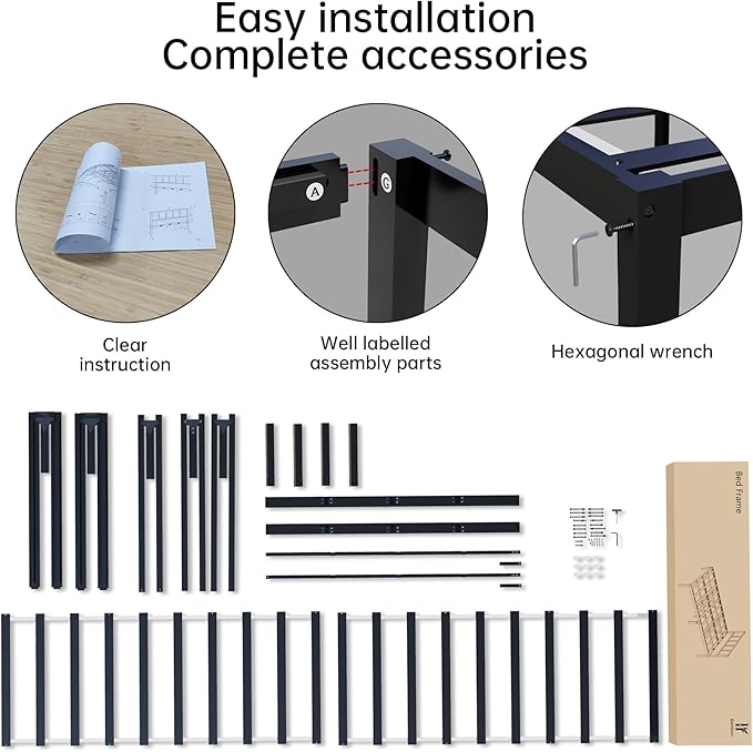 14 Inch Bamboo Bed Frame – Solid Wood Platform Bed Frame, Strong and Stable, with Non-Slip Slats for Support, No Box Spring Needed, Easy to Assemble, Noise-Free (Black, Full)