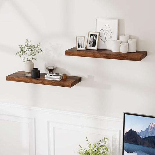 Floating Shelves for Wall, 24 x 9.3 Floating Shelf Wall-Mounted, Rustic Wood Bathroom Shelf Set of 2, Deep Bookshelf Storge Shelves for Living Room, Bedroom, Farmhouse, Rustic Brown Color