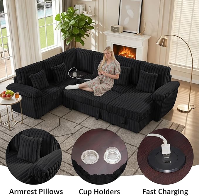 Modular Sectional Sleeper Sofa with Pull Out Bed, U Shaped 7 Seat Sectional Couches for Living Room, 110 Inch Sofa Bed with Armrest Pillows | Hidden Storage | USB Charging | Cup Holder, Black