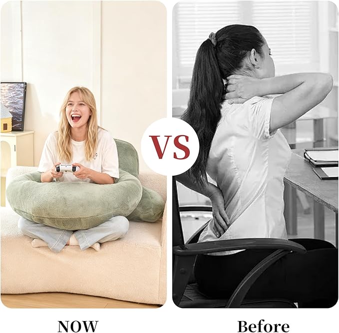 Reading Pillow for Bed,U Shaped & Back Support Pillow for Bed,19" Backrest with Lumbar & Arm Support,Luxurious Faux Rabbit Fur,Gaming PillowFor Crochet/Reading/Watching TV,Green