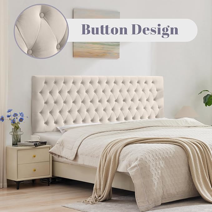 Kingfun Upholstered Queen Headboard Only, Premium Velvet Button Tufted Headboards, Adjustable Solid Wood Head Board, Padded Headboard with Solid Wood Legs in Bedroom (Beige)