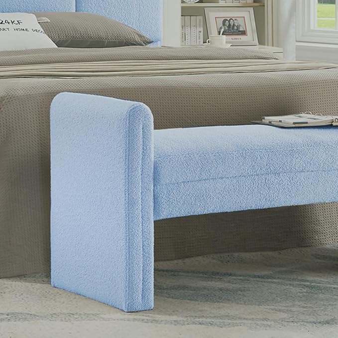 24KF Modern Upholstered Bed Bench Covered with Soft Boucle Teddy Fabric, Lovely Entryway Bench Ottoman with Armrest, 5062-Light Blue