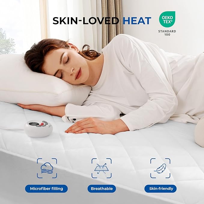 Heated Mattress Pad Full Size Quilted Heating Electric Bed Warmer Luxury Comfort Heat Mattress Pad Cover Single Controller（10 Heat Setting | 1-12 Hours Auto Shut Off | with 8-21 Inch Deep Pocket）