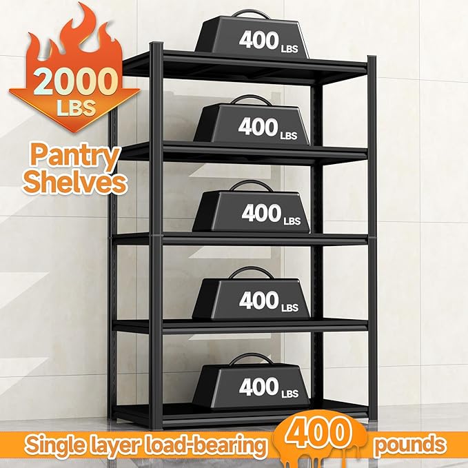 45.3" W Utility Kitchen Shelves, 2000LBS Standing Shelving Unit, Adjustable Metal Shelving Organizer, 5 Tier Storage Shelf for Pantry, Industrial, Basement, Bathroom and Closet, Black