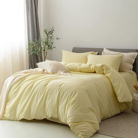 FOSSA Duvet Cover Set 100% Washed Cotton Linen Feel Super Soft Breathable Cozy 3 Pieces Bedding Sets Solid Pastel Yellow Twin