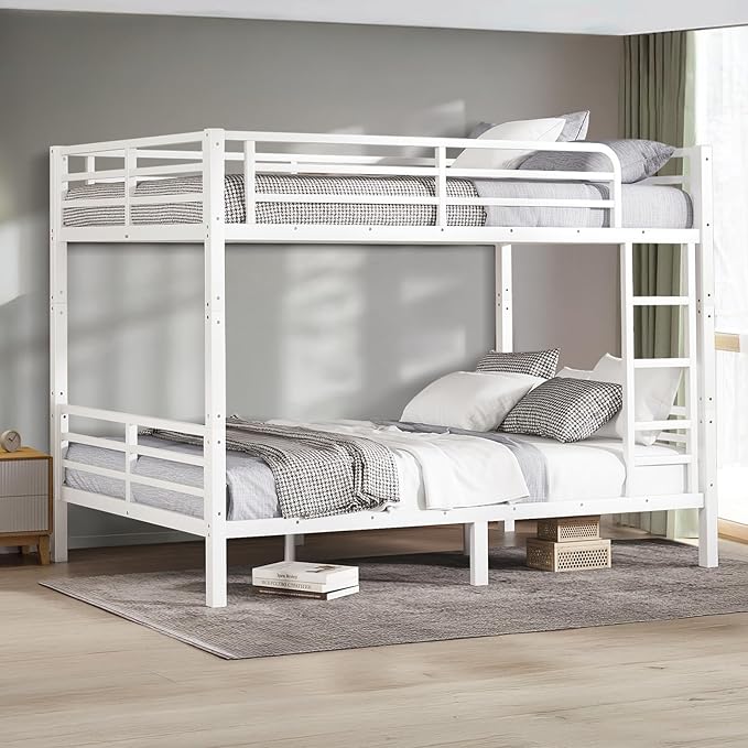 Full XL Over Full XL Bunk Bed, Metal Bunk Bed Frame Heavy Duty Bunk Beds Loft Bed Frame with Ladder and Guardrail Metal Slats No Box Spring Required for Adults Teens, White