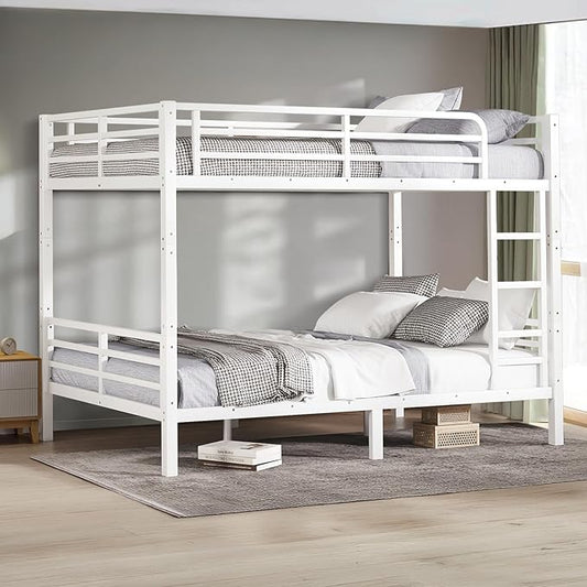 Full XL Over Full XL Bunk Bed, Metal Bunk Bed Frame Heavy Duty Bunk Beds Loft Bed Frame with Ladder and Guardrail Metal Slats No Box Spring Required for Adults Teens, White