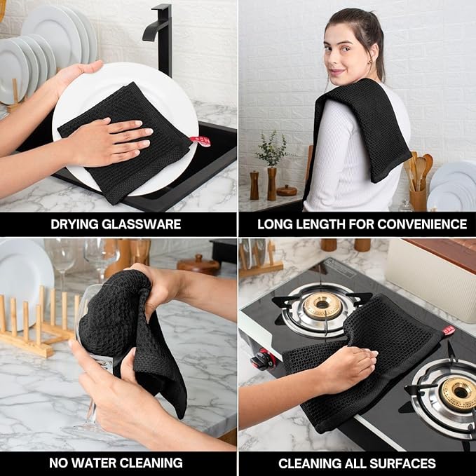 100% Cotton Waffle Weave Kitchen Dish Towels – Solid, Ultra Soft, Scratch-Free & Superb Absorbent - Quick Drying Cleaning Towels,Perfect disch Cloth 13 x 28-12 Pack, Black