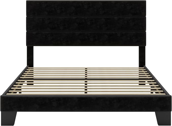 SHA CERLIN Full Platform Bed Frame with Velvet Upholstered Headboard, Mattress Foundation with Strong Wooden Slats Support, No Box Spring Needed, Black