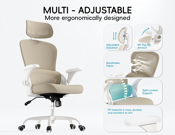 TRALT Office Chair - Ergonomic Office Chair with Back Support, Computer Chair - Home Office Desk Chairs, 330lbs Wide Seat Big and Tall Office Chairs with Headrest, Comfy Desk Chairs (Beige)