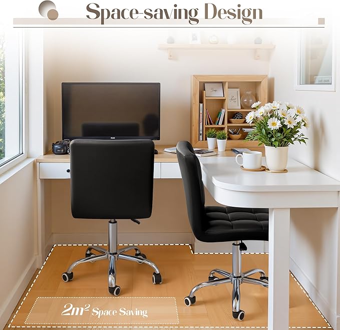 Furmax Mid-Back Office Task Chair Ribbed PU Leather Executive Chair Modern Adjustable Home Desk Chair Retro Comfortable Work Chair 360 Degree Swivel with Arms (Black)