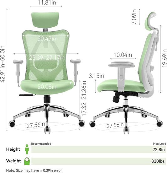SIHOO M18 Ergonomic Office Chair, Computer Desk Chair with Adjustable Headrest and Lumbar Support, High Back Executive Swivel Chair for Home Office (Light Green)