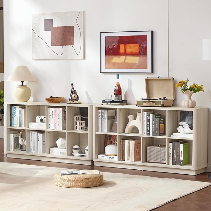 8 Cube Storage Bookcase, 52" Long Horizontal Book Shelf w/Curved Edge, Wood Floor Standing 2-Tier Cubby Console Bookshelf with Base, Modern Low TV Stand for Living Room, White Cream Oak