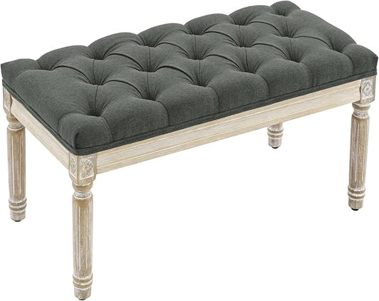 LOULENS French Vintage Entryway Bench, Linen Fabric Tufted Bench, Upholstered End of Bed Bench with Brushed Wood Legs, Dark Grey
