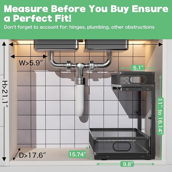 Under Sink Organizer, High Adjustable 2 Tier Under Sink Organizers and Storage, Slide Out Metal Cabinet Organizers, Pull Out Sink Storage Drawer Shelf for Kitchen Bathroom Cabinet, Black, 1 Pack