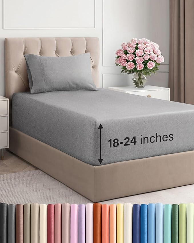 Extra Deep Pocket Twin Sheets - 3 Piece Breathable & Cooling Bed Sheets - Hotel Luxury Sheet Set - Soft, Wrinkle Free & Comfy - Easily Fits Extra Deep Mattresses - Deep Pocket Heathered Grey Sheets