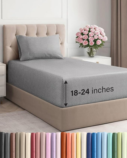 Extra Deep Pocket Twin Sheets - 3 Piece Breathable & Cooling Bed Sheets - Hotel Luxury Sheet Set - Soft, Wrinkle Free & Comfy - Easily Fits Extra Deep Mattresses - Deep Pocket Heathered Grey Sheets