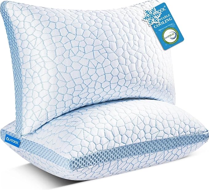QUTOOL Enhanced Cooling Pillows Queen Size Set of 2,CertiPUR-US Shredded Memory Foam Pillows 2 Pack for Hot Sleeper, Adjustable Bed Pillow for Side, Back, Stomach Sleepers Support Yet Soft, Home Gifts
