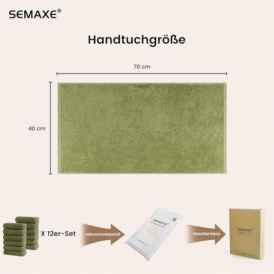 SEMAXE 12 Pack Hand Towels for Bathroom, 100% Cotton Towels with Hanging Loops, Soft and Highly Absorbent, Hand Towel Set for Gym, Shower, Hotel, Spa and Kitchen, Green