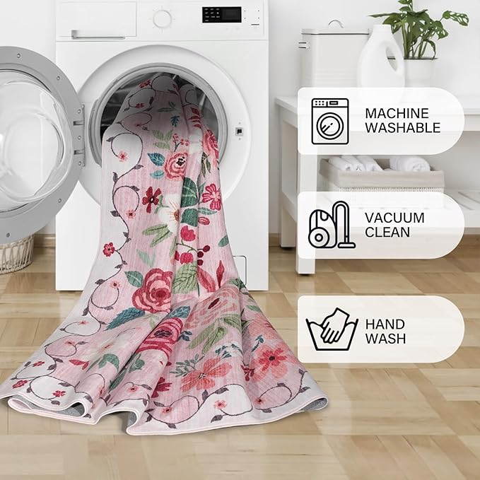 DUKINO 2x3 Rugs for Entryway, Floral Indoor Washable Door Mat, Non Slip Boho Small Rug for Kitchen, Soft Low Pile, Front Door Throw Rug for Entrance, Bedroom, Kitchen, Laundry, Bathroom, Pink