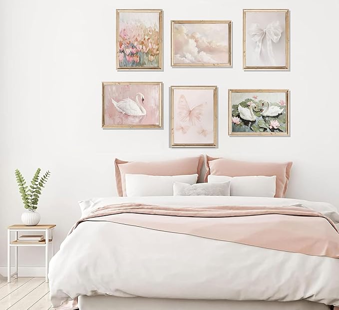 6Pcs Coquette Wall Art Pastel Pink Trendy Canvas Bow Posters White Swan Preppy Painting Butterfly Pictures Aesthetic Floral Prints Nursery Wall Decor for Teen Girls Bedroom College Dorm Unframed