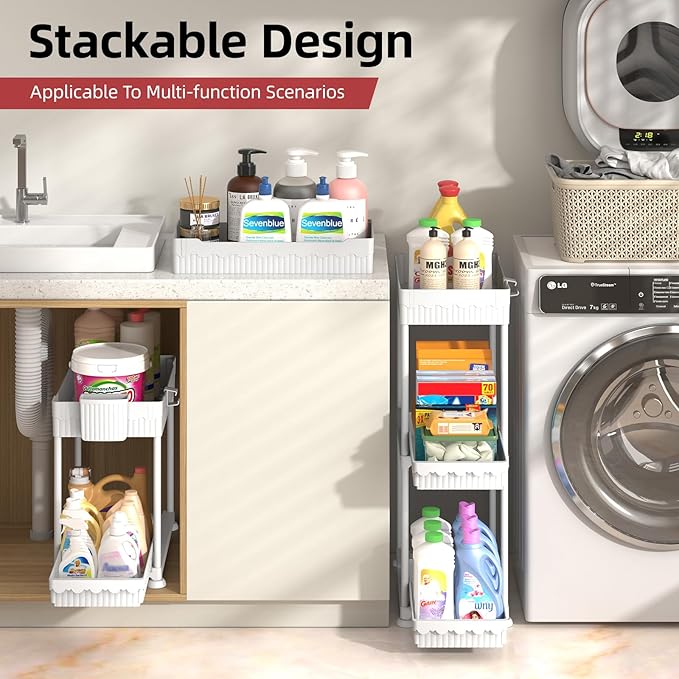 Under Sink Organizer, Bathroom Organizers and Storage, 2 Tier Multi-Use Pull Out Cabinet Organizer with Hang Hooks and Cups (White, 4 Pack)