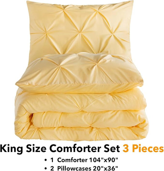 Andency Yellow Pinch Pleated Comforter King(104x90Inch), 3 Pieces (1 Pintuck Comforter, 2 Pillowcases) Pintuck Comforter Set,Microfiber Down Alternative Comforter Bedding Set