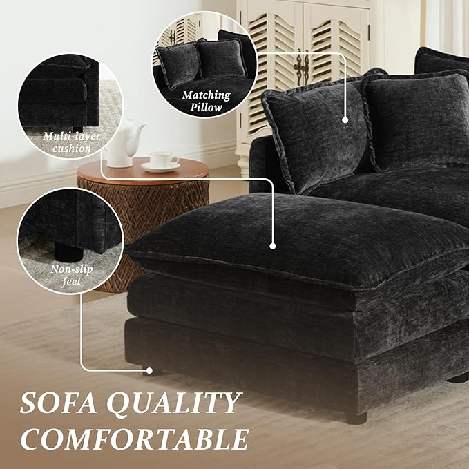 SoarFlash Chenille Sectional Sofa, Comfy L/U Shaped Modular Coush Sofa with Ottoman, Modern 4 Seat Couch Deep Seat Sofa Set for Living Room,Black