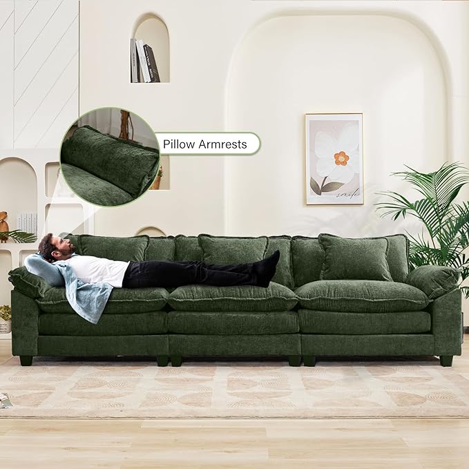 120" Modular Sectional Sofa, Comfy Cloud Couch Sectional, Chenille Sofa Sleeper Deep Seat Sofa with Throw Pillows for Living Room (Green, 120"- 3 Seater)